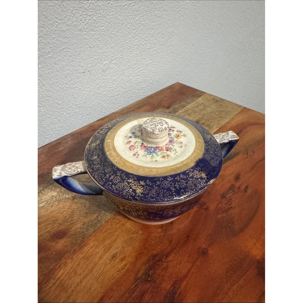Vintage Salem Century Cobalt Blue Sugar Bowl 23K Gold Filigree Fine China w Lid